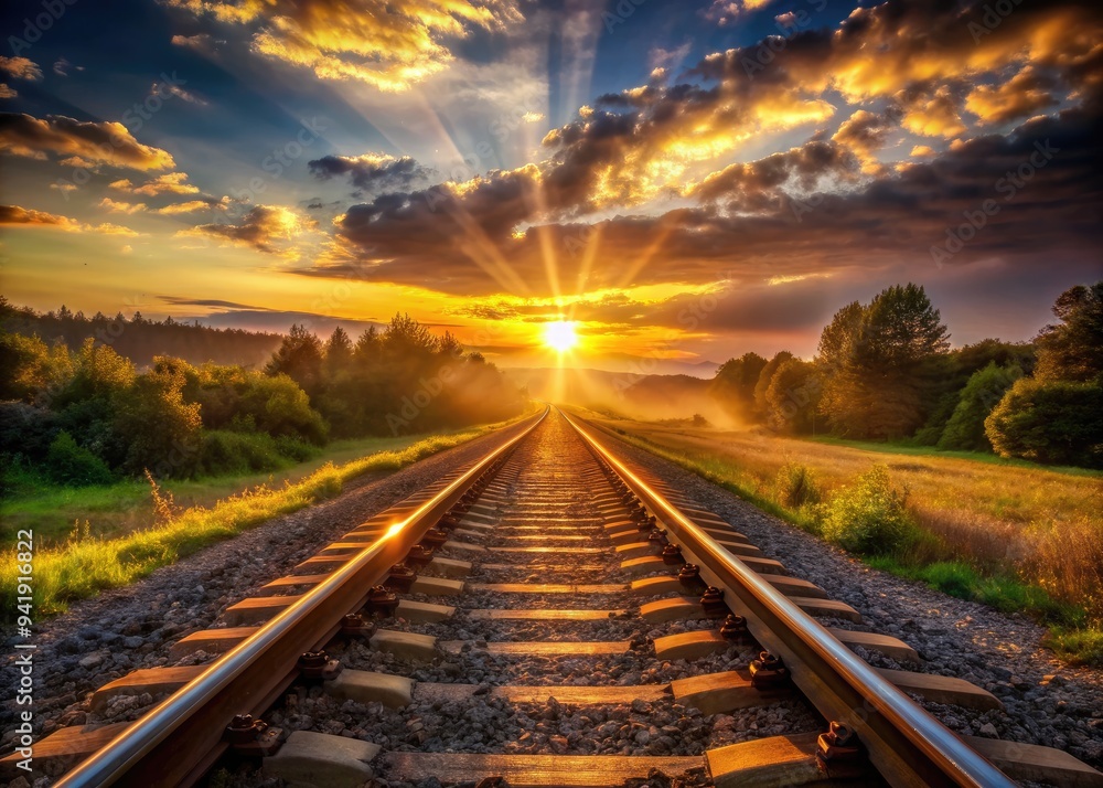 Fototapeta premium Solar Serenade: Railroad tracks leading to a distant sunrise, golden rays illuminating the path