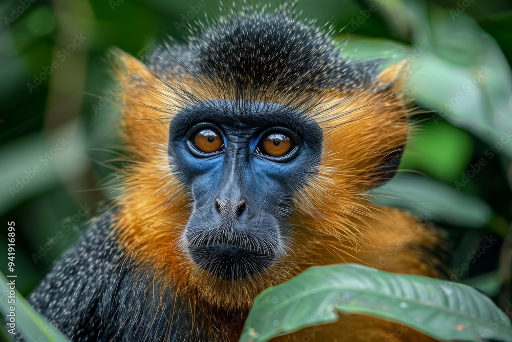 Fototapeta premium a Rhinopithecus monkey, its blue face framed by its thick golden fur, looking directly at the camera with curious eyes