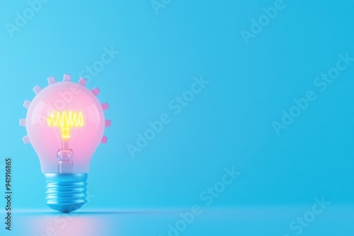 A glowing light bulb against a soft blue background, symbolizing creativity, innovation, and bright ideas. photo