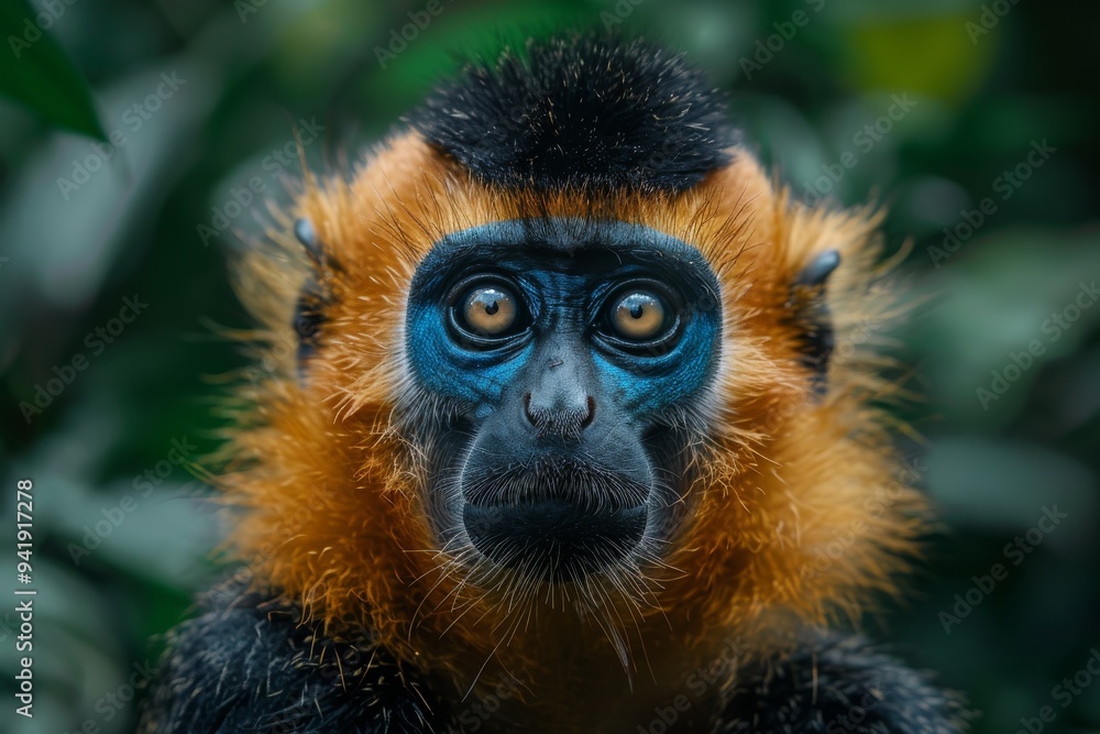 Fototapeta premium a Rhinopithecus monkey, its blue face framed by its thick golden fur, looking directly at the camera with curious eyes