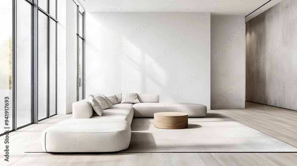 Fototapeta premium Wide view of a modern minimalist living room with sleek furniture, neutral colors, and large windows letting in natural light