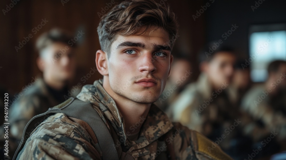 A man with a beard and blue eyes is sitting in a room with other men A man with a beard and blue eyes is sitting in a room with other men