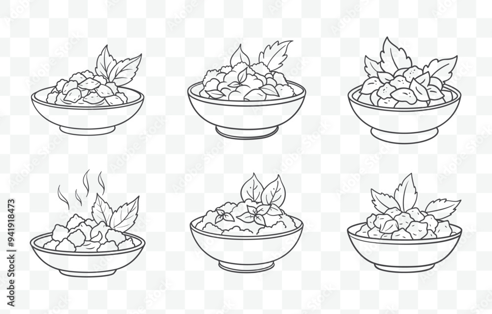 Print Thai Basil Chicken Art Vector Set with Detailed Line Illustrations of Popular Thai Dish Print Thai Basil Chicken Art Vector Set with Detailed Line Illustrations of Popular Thai Dish