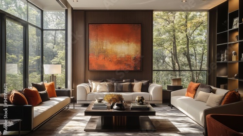 A stylish living room with a large window letting in natural light, featuring contemporary furniture and a warm color palette.