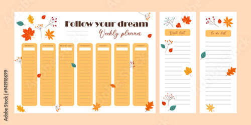 weekly planner with autumn leaves. Vector illustration.