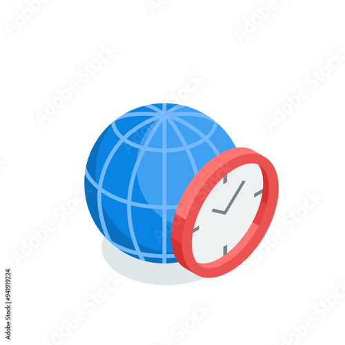 isometric vector clock and globe icon, in color on white background, world time