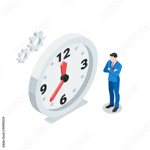 isometric vector business man standing near big clock, in color on white background, waiting time or deadline