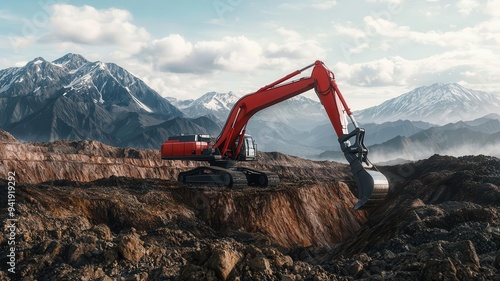 A giant excavator digging into a vast open-pit mine, layers of earth and rock exposed, photorealistic, hyper-resolution, large-scale mining operation photo