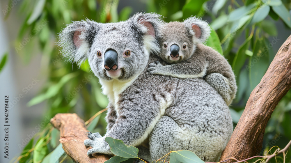 Fototapeta premium Koala Mother and Baby Cuddle in a Tree