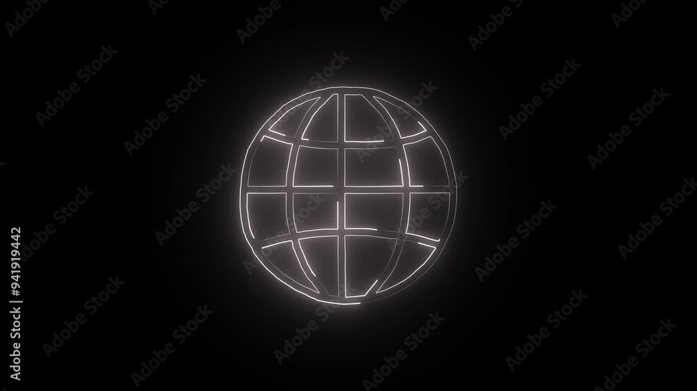 Neon glowing white color globe icon on black background animation Neon glowing white color globe icon on black background animation