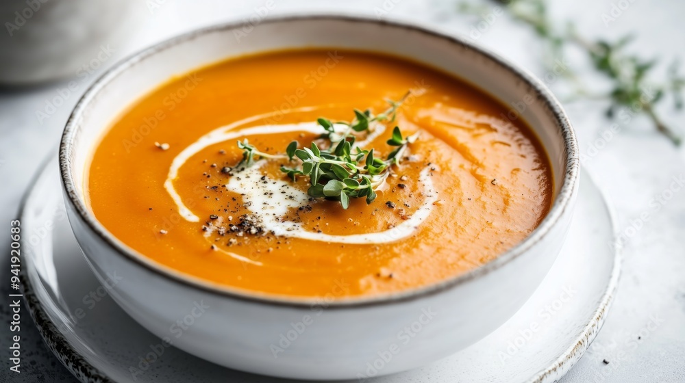 A vibrant carrot soup, swirled with cream, shines on a white plate against a soft gray background. A vibrant carrot soup, swirled with cream, shines on a white plate against a soft gray background.