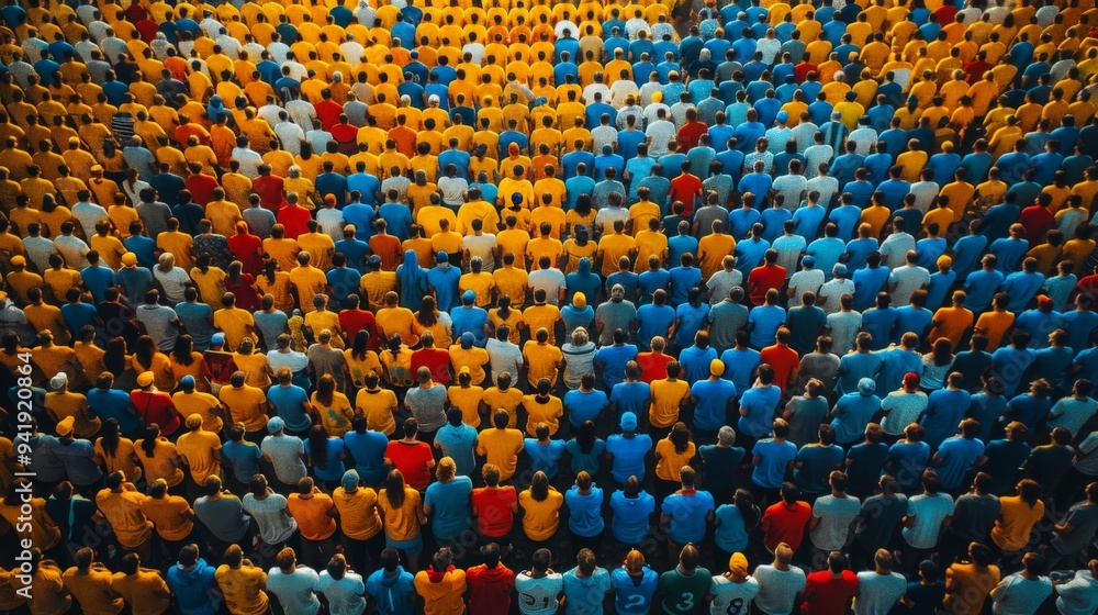 Fototapeta premium A vibrant gathering of enthusiastic fans in yellow and blue creating a stunning visual at a sporting event in the stadium. Generative AI
