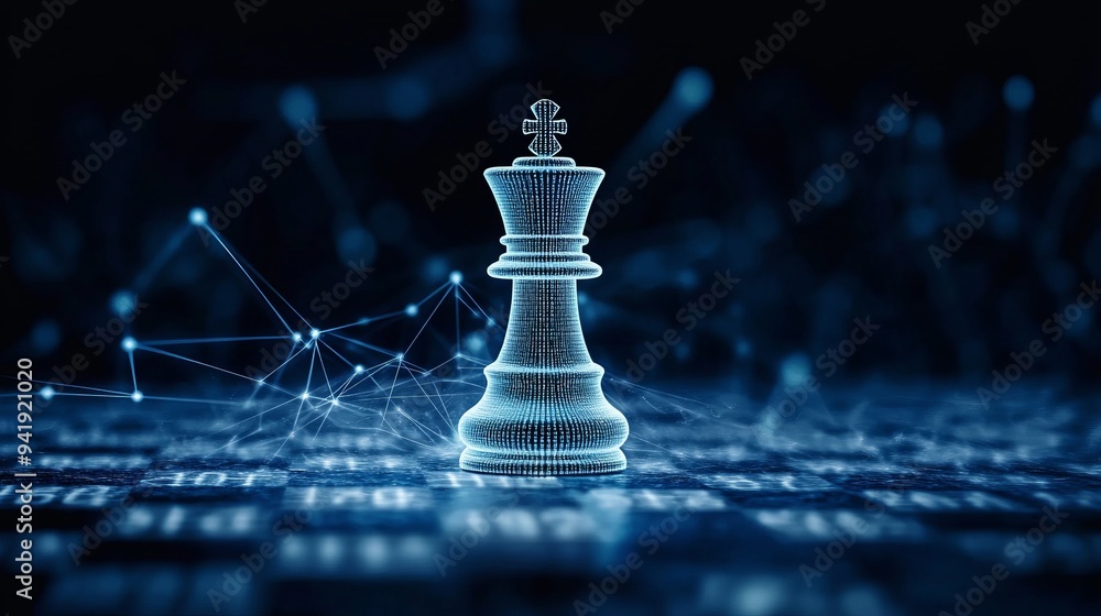 White chess king with blur graphic Binary Data computer Number network on blue dark background White chess king with blur graphic Binary Data computer Number network on blue dark background