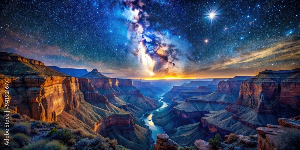 Obraz premium Starry Sanctuary: Night sky over the canyon, twinkling stars, celestial tapestry; celestial, serene, luminous, deep blues, sparkling highlights