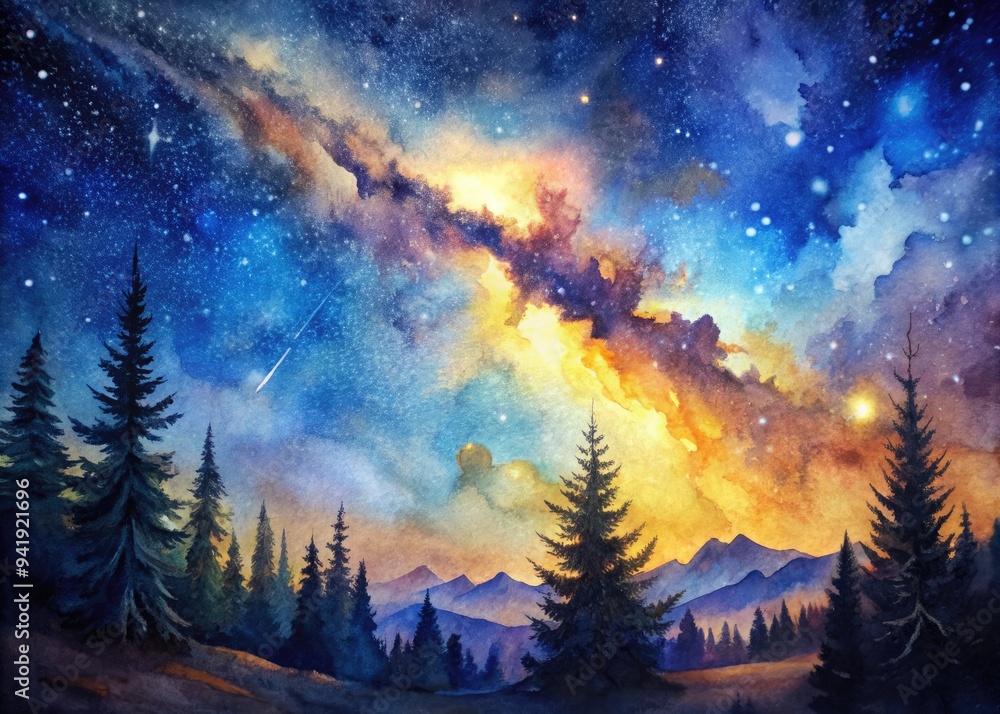 Naklejka premium Starry Wonder: Fine watercolor strokes illuminate distant stars and galaxies, creating a sense of wonder and introspection.