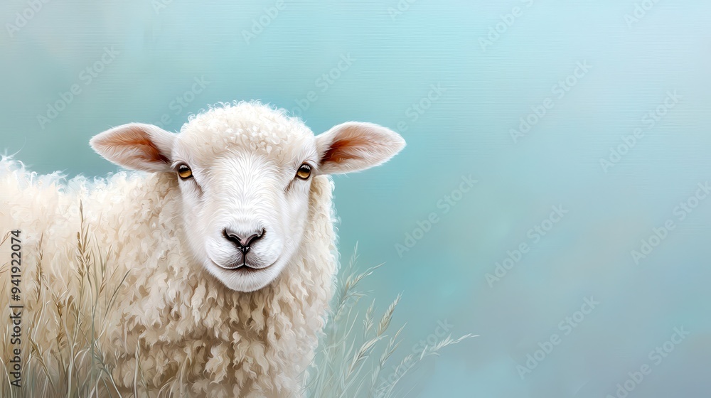 Fototapeta premium A serene portrait of a sheep with a soft, blurred background, capturing the tranquility of rural life.