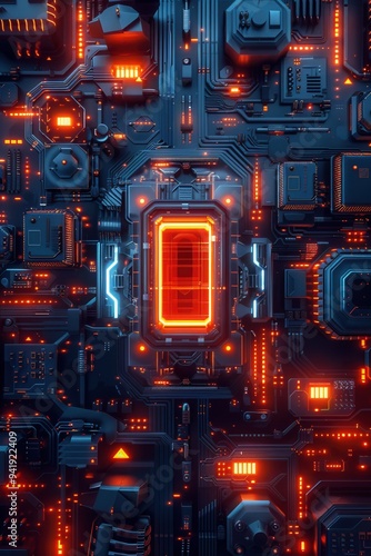 Wallpaper Mural Futuristic circuit board with glowing neon lights. High-tech, modern electronic components and digital connections. Torontodigital.ca