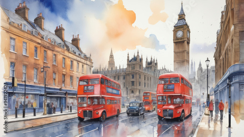 Watercolor illustration of a Saint Pauls and the house of parliament with Big Ben, London Red bus,    photo