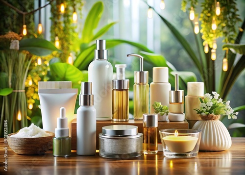 Elegant, modern beauty station featuring a variety of luxurious skincare products, including serums, creams, and facial masks, on a spa-inspired background. photo