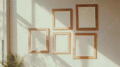 five wooden vintage frames in a stylish light minimalist interior analog film photography., photo