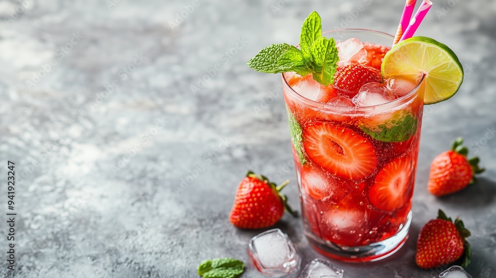 Savor a vibrant strawberry cocktail, garnished with mint and lime, perfect for summer fun! Savor a vibrant strawberry cocktail, garnished with mint and lime, perfect for summer fun!