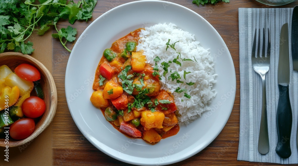 A top-down view of a plate of hot, freshly cooked rice with a garnish of herbs, served alongside curry and vegetables on a well-set dining table A top-down view of a plate of hot, freshly cooked rice with a garnish of herbs, served alongside curry and vegetables on a well-set dining table