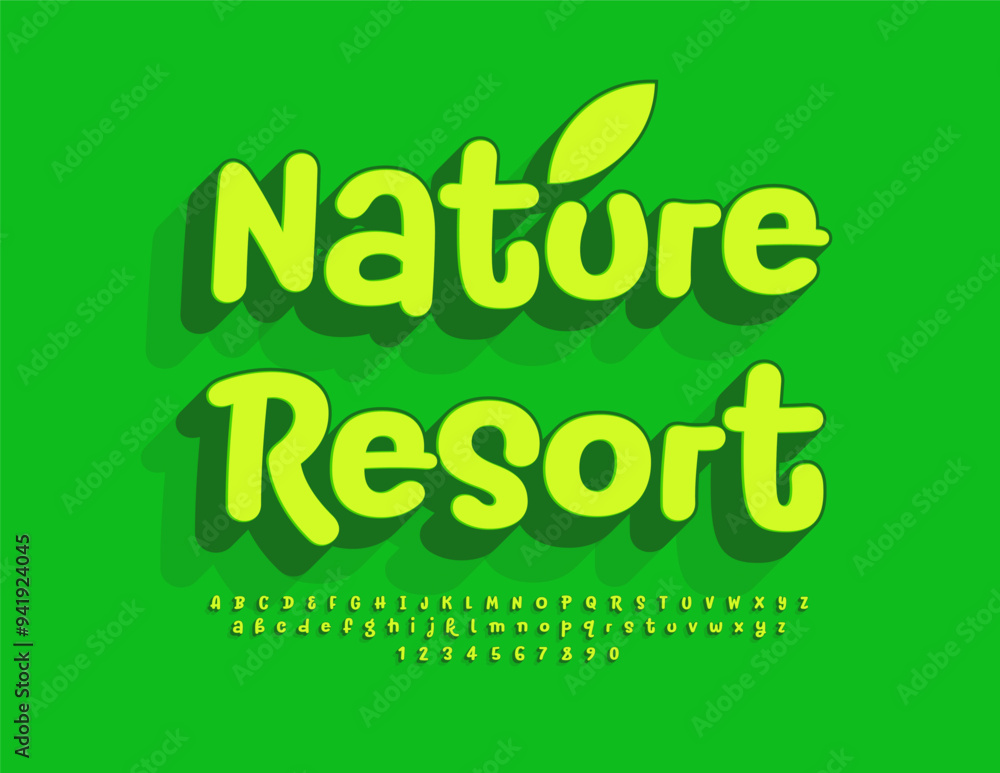 Vector eco advertisement Green Resort. Funny Bright 3D Font. Creative Alphabet Letters and Numbers set. Vector eco advertisement Green Resort. Funny Bright 3D Font. Creative Alphabet Letters and Numbers set.