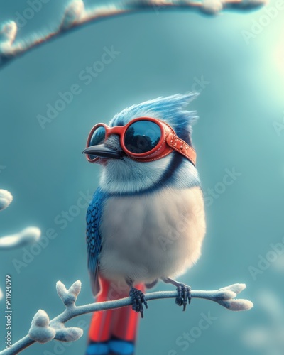 A vibrant blue jay perched on a thin branch, set against a solid sky blue background. The blue jay is wearing vintage-style pilot goggles with leather straps photo