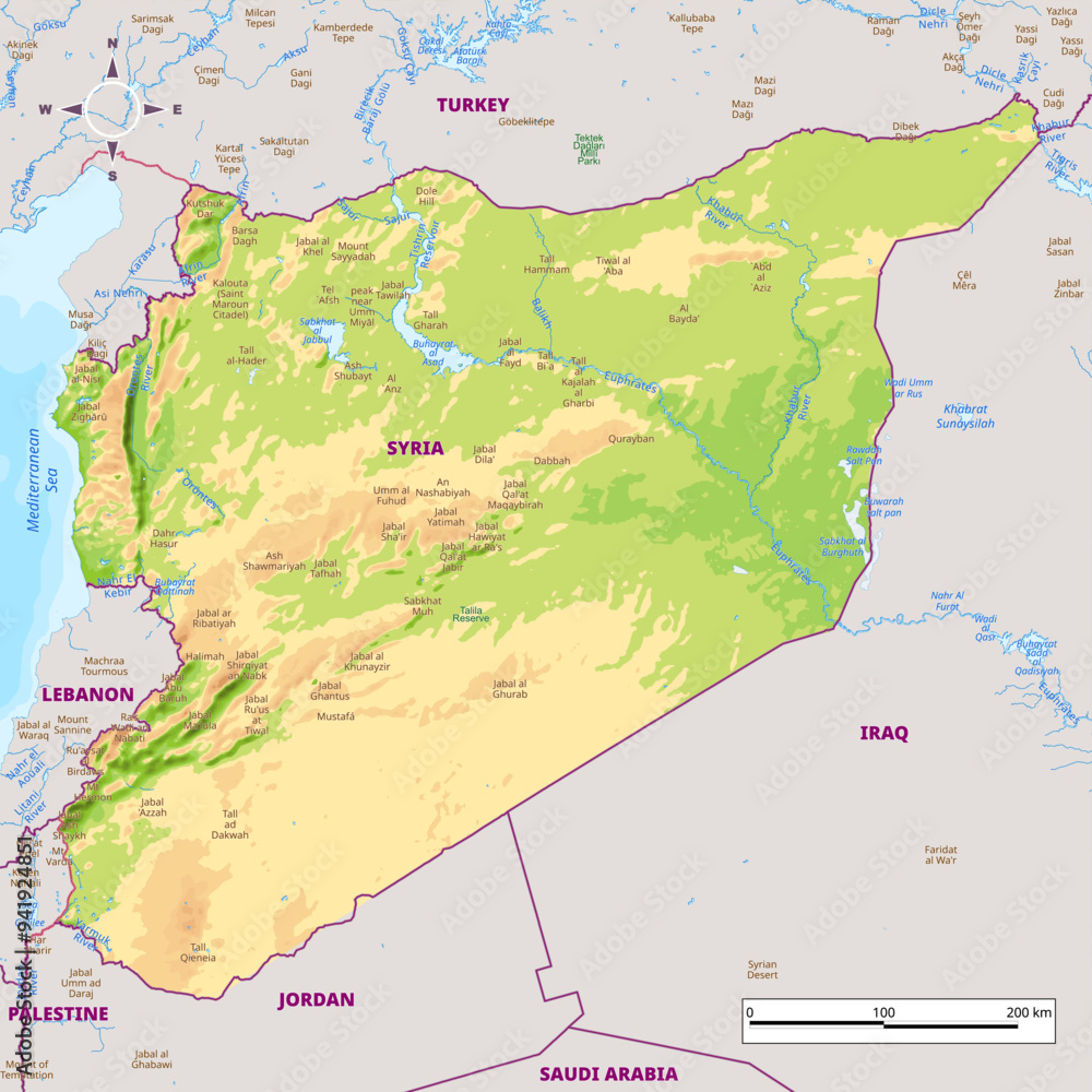 Fototapeta premium Detailed physical map of Syria