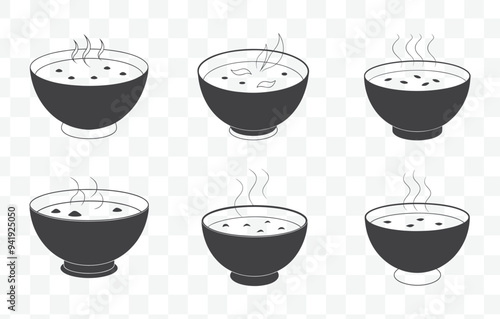 Print Tom Kha Gai Soup Line Art Vector Set of Traditional Thai Coconut Soup with Chicken and Aromatic Herbs