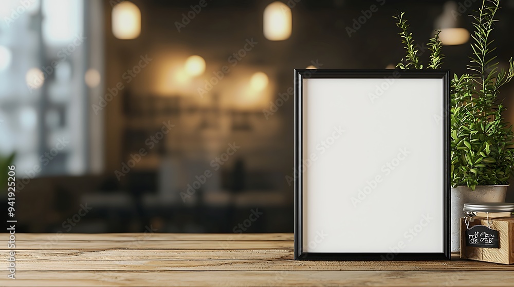 Frame concept mockup on wooden table with blurred background, Frame concept mockup on wooden table with blurred background,