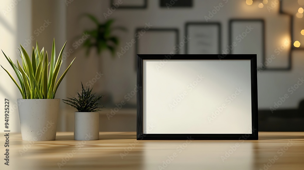 Frame concept mockup on wooden table with blurred background, Frame concept mockup on wooden table with blurred background,