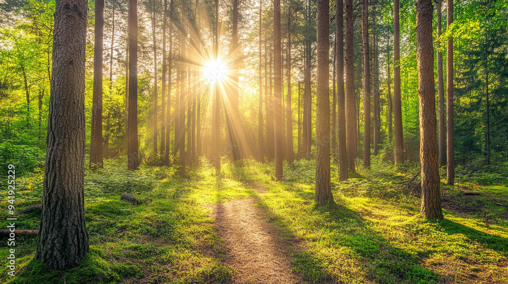 Obraz premium Sunbeams Through the Forest