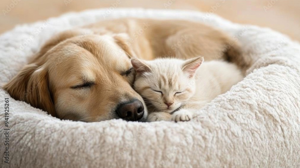 A dog and cat peacefully snuggle in a soft bed, showing their bond and affection for each other A dog and cat peacefully snuggle in a soft bed, showing their bond and affection for each other