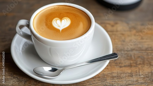 A classic espresso cup with a silver spoon resting on the saucer, soft light highlighting the rich crema, photorealistic, hyper-resolution, refined morning ritual