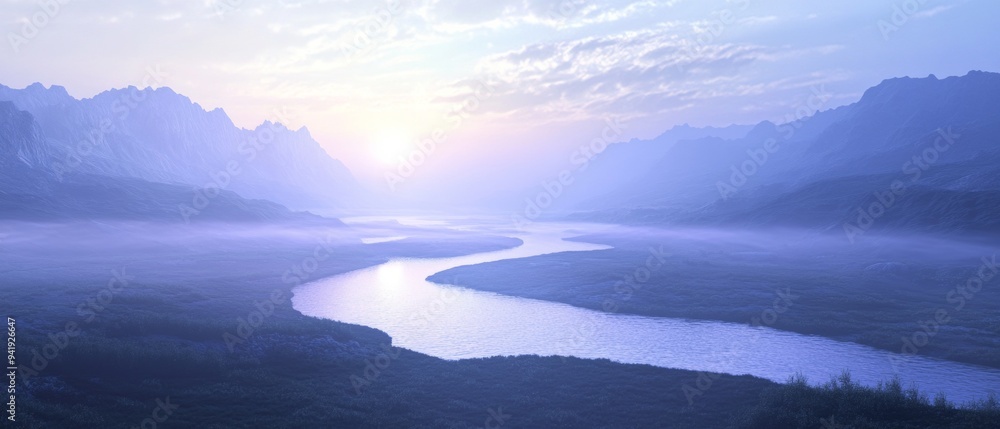 Fototapeta premium A wide alien river winding through a serene, misty valley under a softly glowing, light blue sky