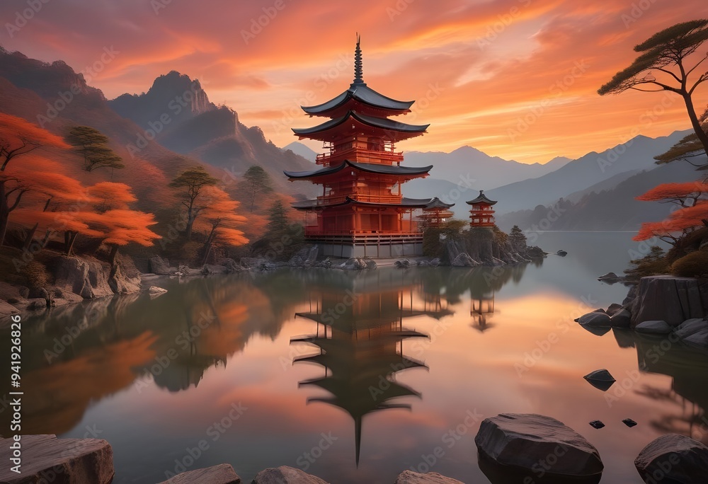 Obraz premium A traditional Japanese temple or shrine perched atop a tall, rocky cliff overlooking a dramatic sunset landscape with a glowing orange sky and reflective water below