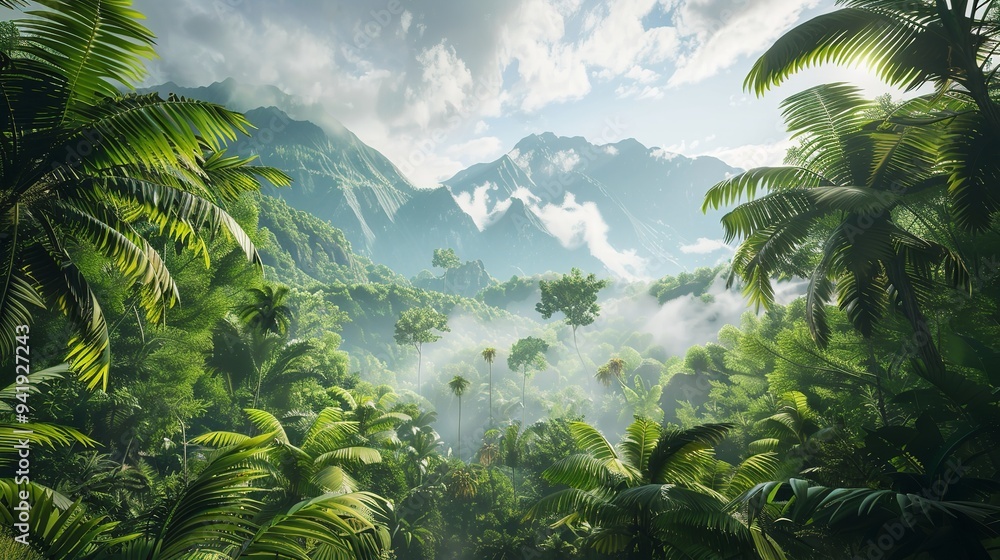 Palm trees sway atop a hill with towering mountains and a surrounding mountain range, Ai Generated Palm trees sway atop a hill with towering mountains and a surrounding mountain range, Ai Generated
