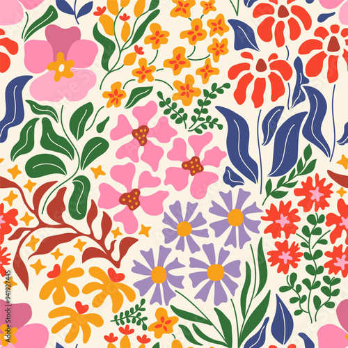 Botanical trendy seamless pattern. Flower and leaves abstract shape doodle art design for print, wallpaper, clipart, wall art for home decoration.