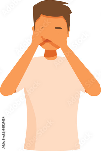 Young man is covering his mouth and eyes, suggesting shame or embarrassment