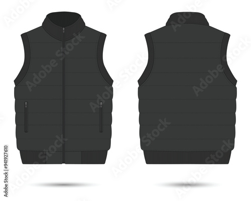 Black puffer vest mockup front and back view, vector illustration