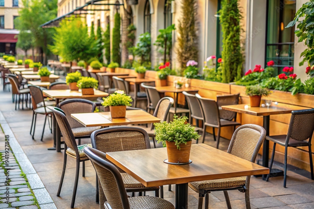 Obraz premium Empty outdoor dining area with tables spaced far apart, chairbacks facing outward, and potted plants separating tables to maintain physical distance.