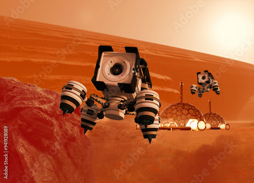 Drones flying on Mars, illustration photo