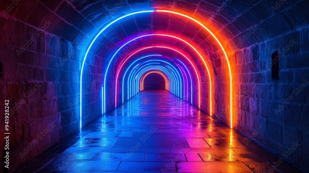 Futuristic Neon Corridor with Glowing Arches and Reflective Tiles Futuristic Neon Corridor with Glowing Arches and Reflective Tiles
