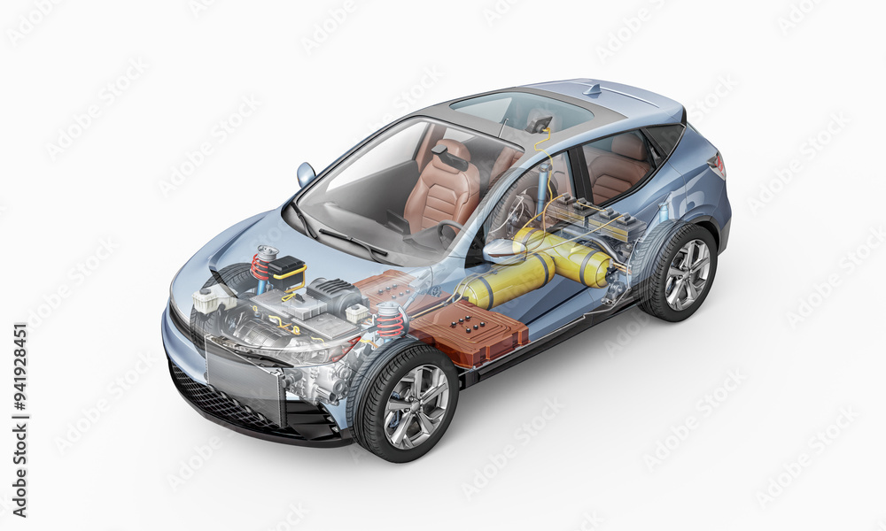 Hydrogen fuel cell car, illustration Hydrogen fuel cell car, illustration