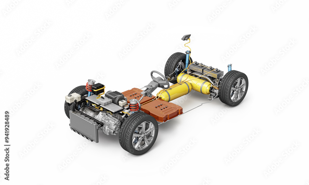 Hydrogen fuel cell car undercarriage components, illustration Hydrogen fuel cell car undercarriage components, illustration
