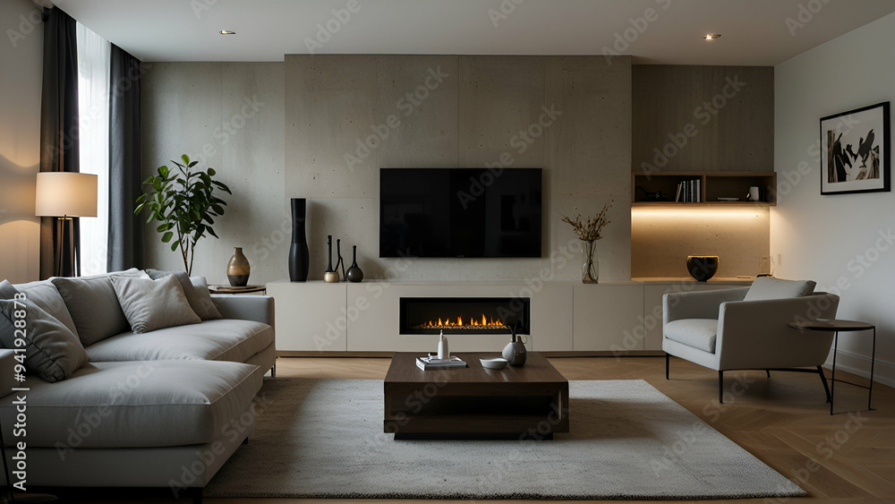 Modern Light Living Room with TV Equipment, Sleek and Stylish Interior Design. Modern Light Living Room with TV Equipment, Sleek and Stylish Interior Design.