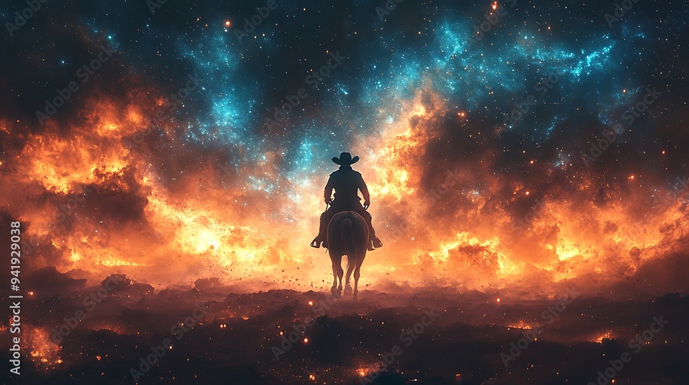 Fototapeta premium A lone cowboy rides a horse towards a fiery, starry sky.