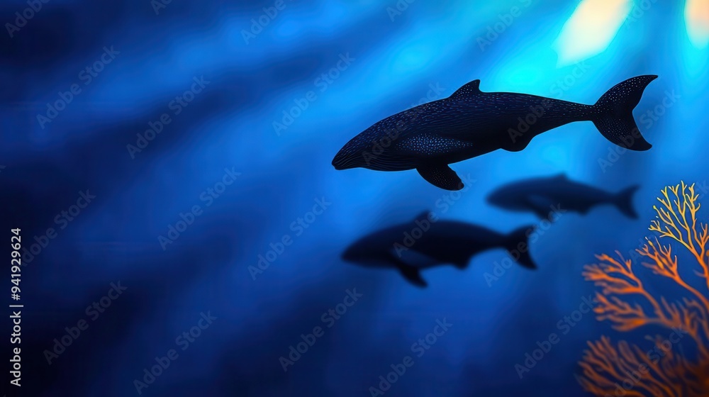 Fototapeta premium Underwater scene with sharks swimming gracefully among coral, showcasing the beauty of marine life in ocean depths