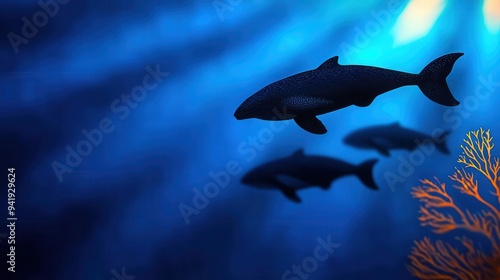 Underwater scene with sharks swimming gracefully among coral, showcasing the beauty of marine life in ocean depths photo